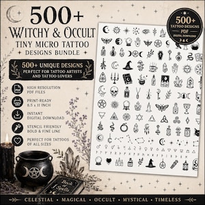 May include: A digital download bundle featuring 500+ black and white witchy and occult micro tattoo designs on a 21.59 x 27.94 cm PDF sheet. The collection includes icons of moons, stars, crystals, skulls, cauldrons, and runes for tattoo art.