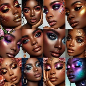 Può includere: Un collage di dodici immagini che mostrano diversi look di trucco su vari modelli. Ogni immagine presenta un primo piano di un viso con un trucco occhi elaborato, tra cui glitter, colori vivaci e design artistici. Il tema generale è la bellezza e i cosmetici.