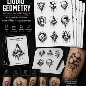 Könnte beinhalten: Ein digitales Set mit 45 Tattoo-Flash-Designs namens Liquid Geometry, bestehend aus schwarz-weißen geometrischen Formen mit schmelzenden, tropfenden Effekten. Das Paket enthält fünf druckbare Bögen, ein PDF und Beispiele der Designs auf der Haut.