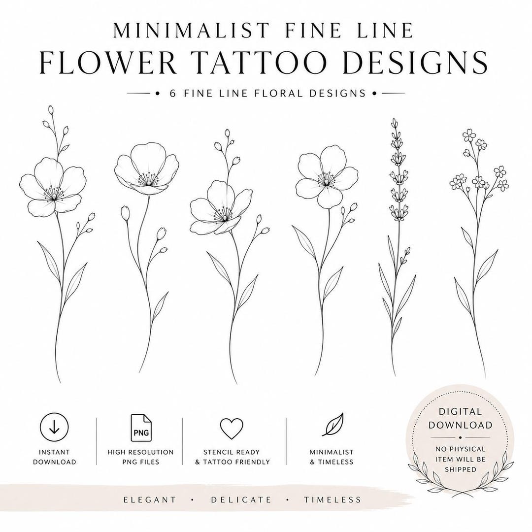 Minimalist Fine Line Flower Tattoo Designs | Botanical Wildflower Flash ...