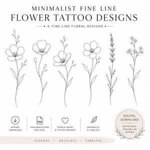 May include: Minimalist fine line flower tattoo designs. The image shows six delicate floral designs in black line art. The text includes "Instant Download," "High Resolution PNG Files," and "Stencil Ready & Tattoo Friendly."