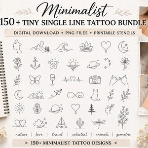 May include: A digital download featuring a minimalist tattoo bundle with over 150 tiny single-line designs. The designs include nature, love, travel, celestial, animals, and geometric themes. The image also shows examples of the tattoos on skin.