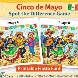 Cinco de Mayo Spot the Difference Game  | Fiesta Activity for Kids  Adults  Mexican Party Puzzle | Holiday Brain Teaser /4 PDFgames/no hint/