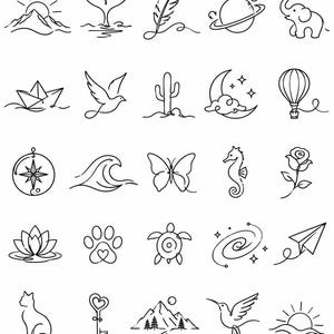 Puede incluir: Una colección de veinticinco iconos de arte lineal negro dispuestos en una cuadrícula. Los diseños presentan varios temas, incluyendo montañas, una cola de ballena, una pluma, un planeta, un elefante, un barco de papel, un pájaro, un cactus, una luna, un globo aerostático, una brújula, una ola, una mariposa, un caballito de mar, una rosa, un loto, una huella, una tortuga, una galaxia, un avión de papel, un gato, una llave, un paisaje montañoso, un colibrí y un atardecer sobre el agua.