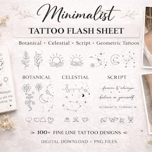 best Fine Line Tattoo Designs Bundle |100+ Minimalist Tattoo Flash Sheet | Botanical, Celestial, Script  Tattoos | Digital Download/12 pdf/