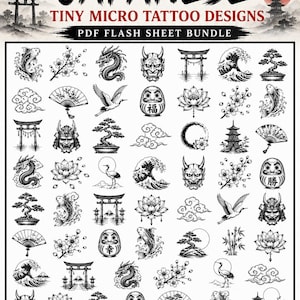 May include: A digital PDF flash sheet bundle featuring 500+ Japanese tiny micro tattoo designs. The collection includes black and white illustrations of koi fish, sakura blossoms, dragons, oni masks, torii gates, lotus flowers, and daruma dolls.