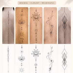 Può includere: Un download digitale con cinque disegni minimalisti di tatuaggi per la colonna vertebrale. I disegni includono forme geometriche, elementi floreali e linee astratte. Il testo recita "Energy Line" e "5 Spine Tattoo Designs Bundle". I disegni misurano 21,6 cm x 27,9 cm e sono pronti per la stampa.