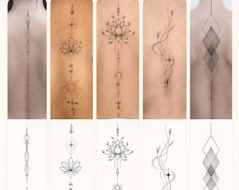 Ryggradstatueringsschablonpaket | Energilinje minimalistiska ryggtatueringsdesigner | Fin linje lotus & geometrisk ryggrad | Digital nedladdning (5 designer)
