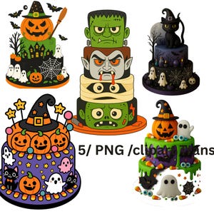 Clipartbundel Halloween-taarten, 5 png-afbeeldingen spookachtige en zoete Halloween-taart, png-ontwerpen taart, met transparante achtergrond/5 png/