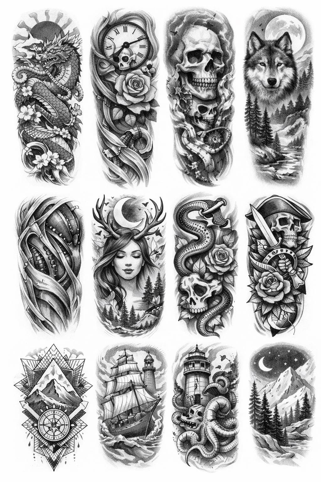Epic Black & Grey Tattoo Sleeve Design Bundle | Digital Tattoo Flash ...