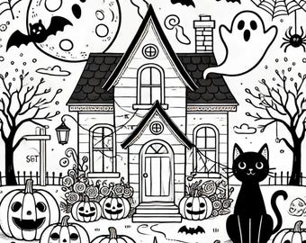 Halloween-themed coloring page/5PDF/ featuring a spooky haunted house, pumpkins, bats, ghosts, 8.5 by 11 inches