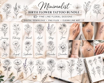 Minimalist Birth Flower Tattoo Bundle 40+ Fine Line Floral Designs ...