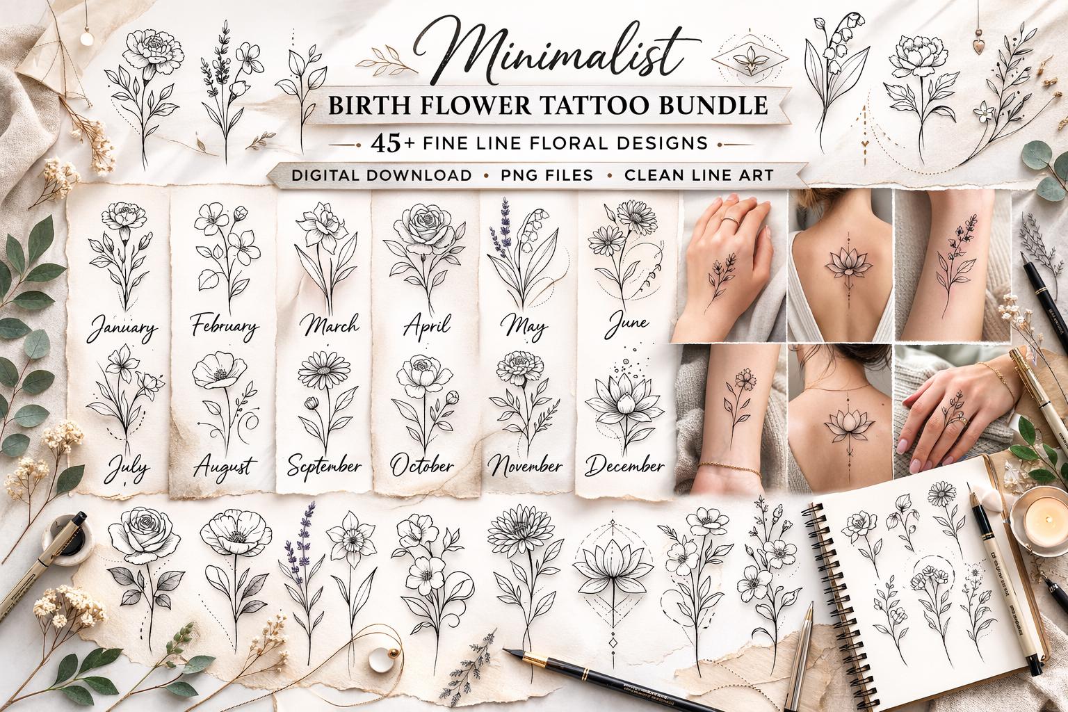 Minimalist Birth Flower Tattoo Bundle 40+ Fine Line Floral Designs ...