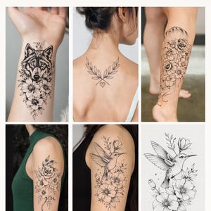 Blommiga djurtatueringsdesigner / Skalle, orm, manet, varg, fenix, kolibri, tatueringar | Svarta & grå tatueringsstenciler | Digital nedladdning/8 pdf/