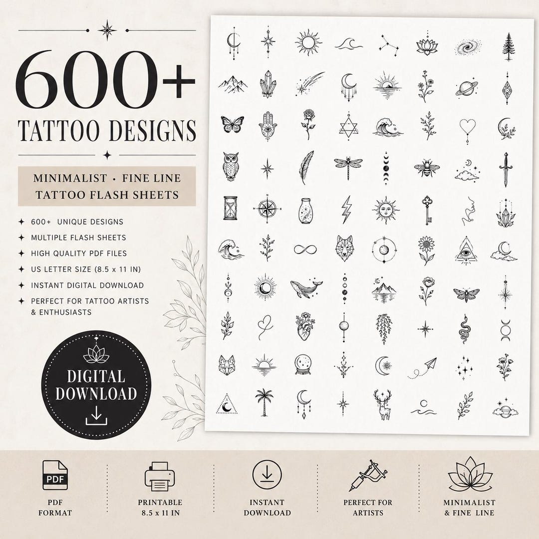 Minimalist Fine Line Tattoo Flash Sheets 5 PDF 600+ Tiny Tattoo Designs ...