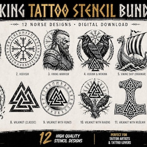 May include: A Viking tattoo stencil bundle featuring 12 Norse designs. The black and white designs include a Viking warrior, a longship, ravens, and various symbols like the Valknut and Mjolnir. The text says "Digital Download".
