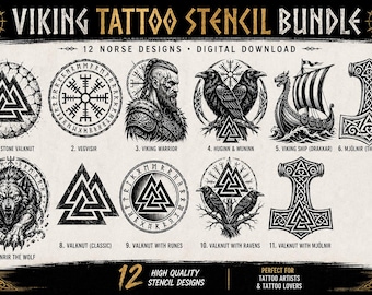 May include: A Viking tattoo stencil bundle featuring 12 Norse designs. The black and white designs include a Viking warrior, a longship, ravens, and various symbols like the Valknut and Mjolnir. The text says "Digital Download".