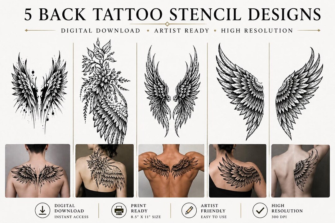 Back Tattoo Stencil Bundle | Wing Illusion Spine Flow Designs | Fine ...
