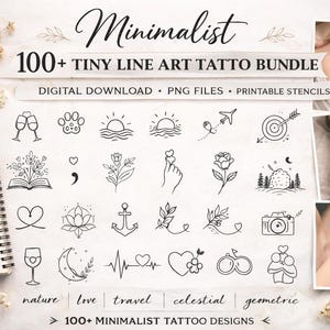 May include: A digital download featuring a minimalist tattoo bundle with over 100 tiny line art designs. The image includes various tattoo illustrations, such as flowers, hearts, and celestial elements. The text reads "Minimalist 100+ Tiny Line Art Tattoo Bundle."