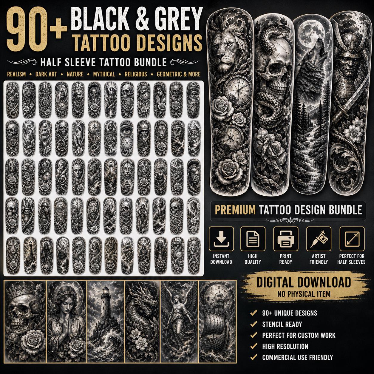 Black & Grey Tattoo Designs Bundle |90+ Half Sleeve Tattoo Flash