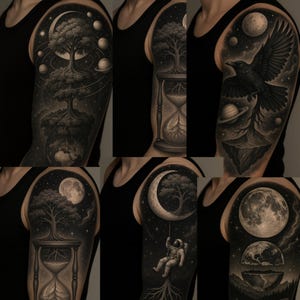 stunning tattoo designs/10 pdf/ cosmic-forest theme with surreal and harmonious elements /all tied together in a monochrome realism style.
