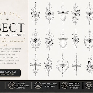 Puede incluir: Un paquete de descarga digital de 70 diseños de tatuajes de insectos de línea fina. Los diseños presentan mariposas, abejas y libélulas con elementos celestiales, florales y geométricos. Perfecto para artistas del tatuaje.