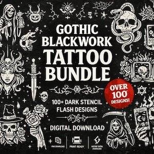 Gothic Blackwork Tattoo Bundle – 100+ Dark Tattoo Designs | Clean Line Stencil  | Occult & Skull Art | Digital Download/12 pdf/100+ designs