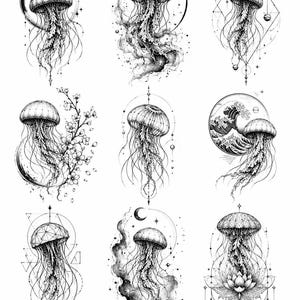 May include: A collection of nine black and white ink illustrations featuring jellyfish. Each jellyfish is depicted with intricate line work, long flowing tentacles, and various geometric, celestial, floral, and wave-patterned background elements.