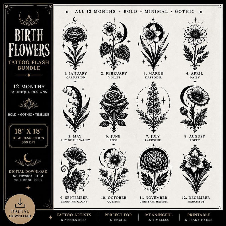 Minimalist Birth Flower Tattoo Flash Sheet Bundle, 12 Month Flowers ...