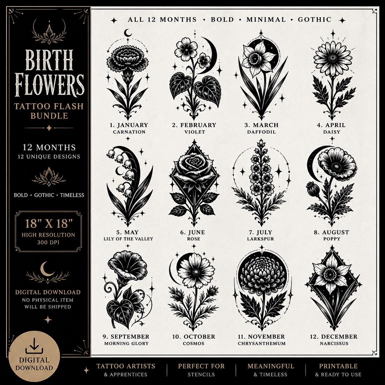 Minimalist Birth Flower Tattoo Flash Sheet Bundle, 12 Month Flowers ...