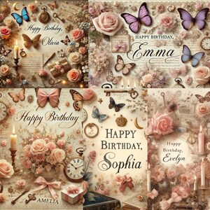 Puede incluir: Cuatro tarjetas de cumpleaños de estilo vintage con diseños florales, mariposas y llaves antiguas. Cada tarjeta presenta un nombre diferente: Olivia, Emma, Sophia y Evelyn.