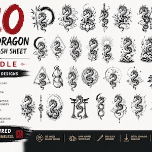 Flash-ark för mikrodraktatueringar i PNG | 120 asiatiskt inspirerade draktatueringsdesigner | Tatueringskonst med djärvt svart bläck | Endast digital nedladdning