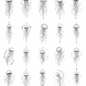 May include: Black and white illustration featuring multiple jellyfish designs. Each jellyfish has a bell-shaped body and long, flowing tentacles. Some are adorned with geometric shapes, stars, and crescent moons, creating a celestial and artistic theme.