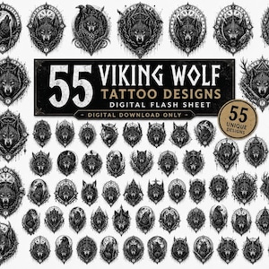 May include: A digital flash sheet featuring 55 Viking wolf tattoo designs. The designs are in black and white, showcasing various wolf illustrations within ornate frames and emblems. The sheet includes the text "55 Viking Wolf Tattoo Designs" and "Digital Download Only."