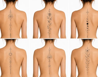 Puede incluir: Una colección de seis tatuajes temporales mostrados en el centro de la espalda. Los diseños presentan arte lineal en tinta negra que incluye una flor de loto, una enredadera de rosas, fases lunares, un sol, patrones geométricos y una mariposa.