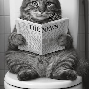 Funny Cat Wall Art , Cute Animal Bathroom Photo Print , Cat on Toilet, Bath, Bathrobe, Brushing Teeth, Printable AI Art/16 by 24 inches/5pdf
