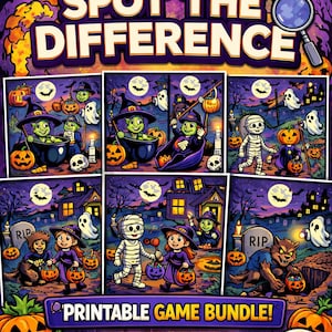 Może przedstawiać: Pakiet gier do druku o tematyce Halloween z napisem "HALLOWEEN SPOT THE DIFFERENCE" w kolorze pomarańczowym i białym. Obraz zawiera sześć łamigłówek z upiornymi ilustracjami czarownic, duchów i dyni. Widoczne są również słowa "PRINTABLE GAME BUNDLE!" i "6 PUZZLES".