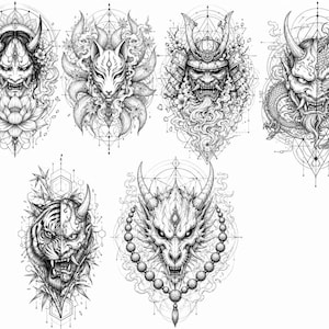 May include: A collection of six black and white line art illustrations featuring Japanese-inspired motifs including a Hannya mask, a kitsune fox, a samurai helmet, a dragon, a tiger, and a horned creature, all set against intricate geometric patterns.