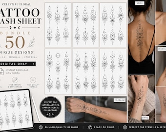Celestial Floral Tattoo Flash Sheet Bundle |50  Moon Phase Fine Line Tattoo Designs | Printable Tattoo Stencil Art | Digital Download 8 pdf