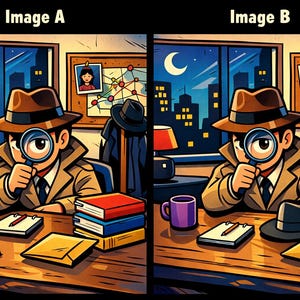 May include: Cartoon illustration of a detective in a brown fedora and trench coat, holding a magnifying glass. The scene is set in an office with a night cityscape visible through a window. Other items include a notepad, books, and a coffee mug.
