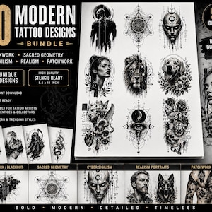 Puede incluir: Un paquete de 50 diseños de tatuajes modernos, que incluyen estilos de trabajo en negro, geometría sagrada, sigilismo cibernético, realismo y patchwork. Los diseños están listos para plantillas y miden 21,59 x 27,94 cm. Descarga instantánea.