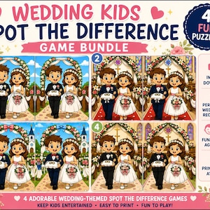 May include: A game bundle titled "Wedding Kids Spot the Difference" with four puzzles. Each puzzle features a cartoon bride and groom. The image includes text that says "4 Fun Puzzles!" and "Fun for Kids Ages 4-10."