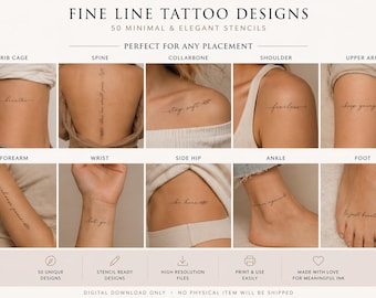 May include: An advertisement for fine line tattoo designs. The image showcases examples of minimalist tattoos on various body parts, including the rib cage, spine, collarbone, shoulder, upper arm, forearm, wrist, side hip, ankle, and foot. The text reads "50 Minimal & Elegant Stencils."