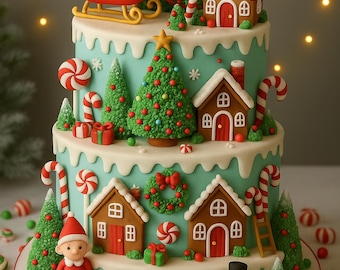 Whimsical Winter Wonderland Christmas Cake Recipe  – Festive 3-Tier Holiday Cake Design with Santa, Gingerbread Houses & Cake Recipe /1 pdf/