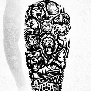 Stencil per tatuaggio a mezza manica con animali selvatici / Disegno per tatuaggio di animali in stile blackwork / Contorno per manica avvolgente a tema natura / Tatuaggio foresta / 6 pdf / 6 disegni / digitale /