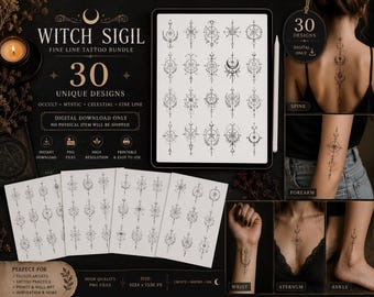 May include: A digital download featuring 30 unique fine line tattoo designs. The designs include occult, mystic, and celestial themes. The image shows examples of the tattoos on the spine, forearm, wrist, sternum, and ankle. The text reads "Witch Sigil".