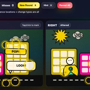 May include: A side-by-side comparison of two cartoon cityscapes, labeled "Original" and "Altered." Each scene features a sun, clouds, buildings, and a figure. Text bubbles say "POP!" and "LOOK!" in the original, and "LO SPOT?" in the altered scene.