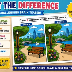 May include: A vibrant "Spot the Difference" puzzle game. The image shows two similar park scenes with a bridge, swan, and bench. Text includes "Find 3 Differences" and "Fun & Challenging Brain Teaser!" for a fun activity.