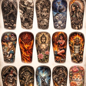 May include: Image featuring 60 tattoo sleeve designs. The designs include a variety of themes, such as a grim reaper, a wolf, a Native American woman, a phoenix, a Buddha, a woman with fire, a skull, a deer, and a fox. The designs are detailed and colorful.