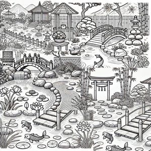zen garden landscape coloring page/ 5 PDF/ 8.5 in by 11in ready to download.